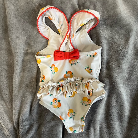 Kate Spade white Capistrano orange print ruffle butt swimsuit size 24 months - Picture 5 of 6